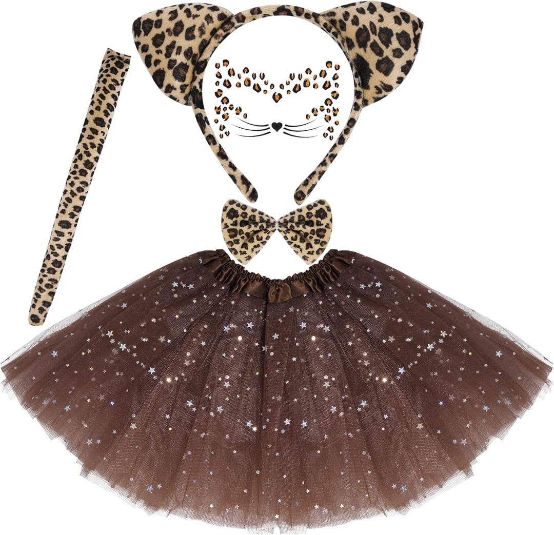 Dxhycc Cat Costume for Girls Kids Cat Ears Headband Tail Bowtie Tutu and Face Stickers for Halloween Dress Up Party (15.7 Inch, Brown)