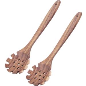 2 x Wooden Pasta Spoon Spaghetti Fork 12.8 Inch Long Hand Pasta Serving Kitchen Utensils Acacia Wood Pasta Forks Spatula Tool Noodle Spoon