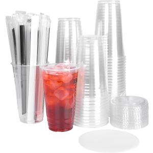 VITEVER [100 Sets - 24oz] Plastic Cups with Lids and Black Straws, Disposable Cups for Iced Coffee, Smoothie, Milkshake, Cold Drinks - Clear