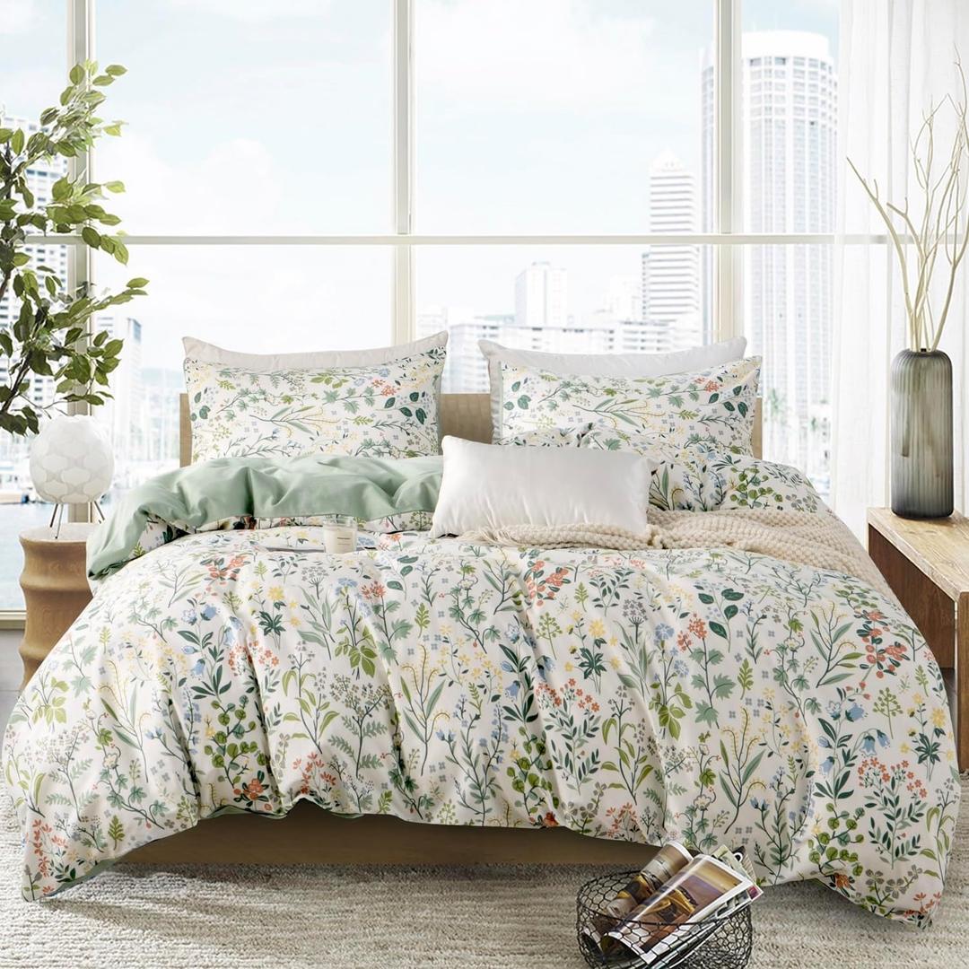 Floral Queen Comforter Set Soft Cotton Cute Floral Bedding Comforter Sets Garden Style Green Flower Print Botanical Flowers Queen Comforter Set for All Seasons 1 Comforter and 1 Pillowcases (Queen(90"x90"))