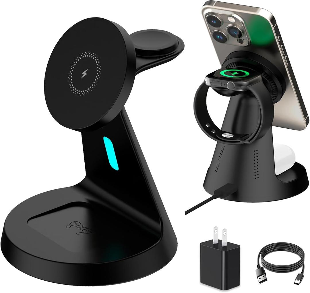 Wireless Charger Compatible with Mag-Safe,3 in 1 Charging Station for iPhone17/16/15/14/13/12 Series, Apple Watch,AirPods,15W Fast Charging (USB-C Adapter Included)