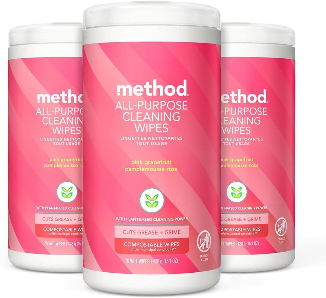 Method All-Purpose Cleaning Wipes, Pink Grapefruit, Multi-Surface, Compostable, 70 Count (Pack of 3) (210 Count (Pack of 1))
