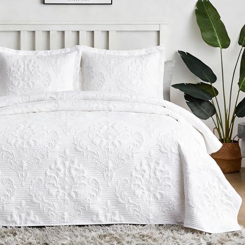 Hansleep White Quilt King Size - Damask Ultrasonic All Season Bedspread King, Soft Lightweight Coverlet Bedding Set, 3 Piece (1 Quilt, 2 Pillow Shams)
