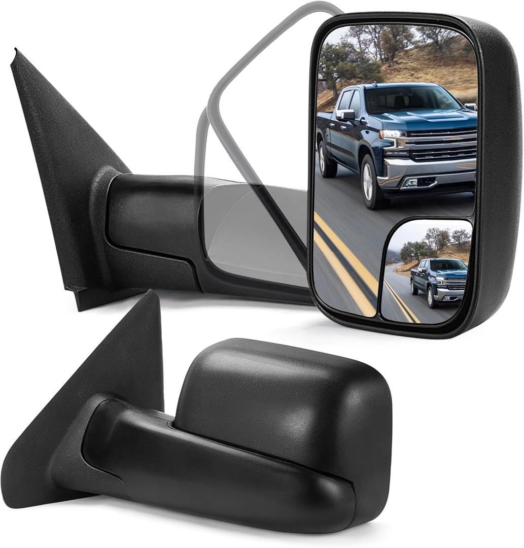 PZ Tow Mirrors Compatible with Dodge 02-08 Ram 1500, 03-09 Ram 2500 3500
Driver Passenger Side Pair Set, Manual Flip-Up Folding Towing Mirrors, Black