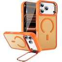 FATUOQIA for iPhone 17 Pro Max Case, Magnetic iPhone 17 ProMax Phone Case with Screen Protector [Compatible with MagSafe] Built-in Stash Stand, Translucent Matte Shockproof Cover-Cosmic Orange