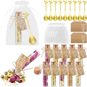Hoolerry 24 Set Tea Party Favors Bulk Rustic Wedding Favor for Guest with 4.13'' Glass Tea Jar Stainless Steel Teaspoon Gift Tag Drawstring Organza Bag and Rope, Thank You Gift for Wedding Party