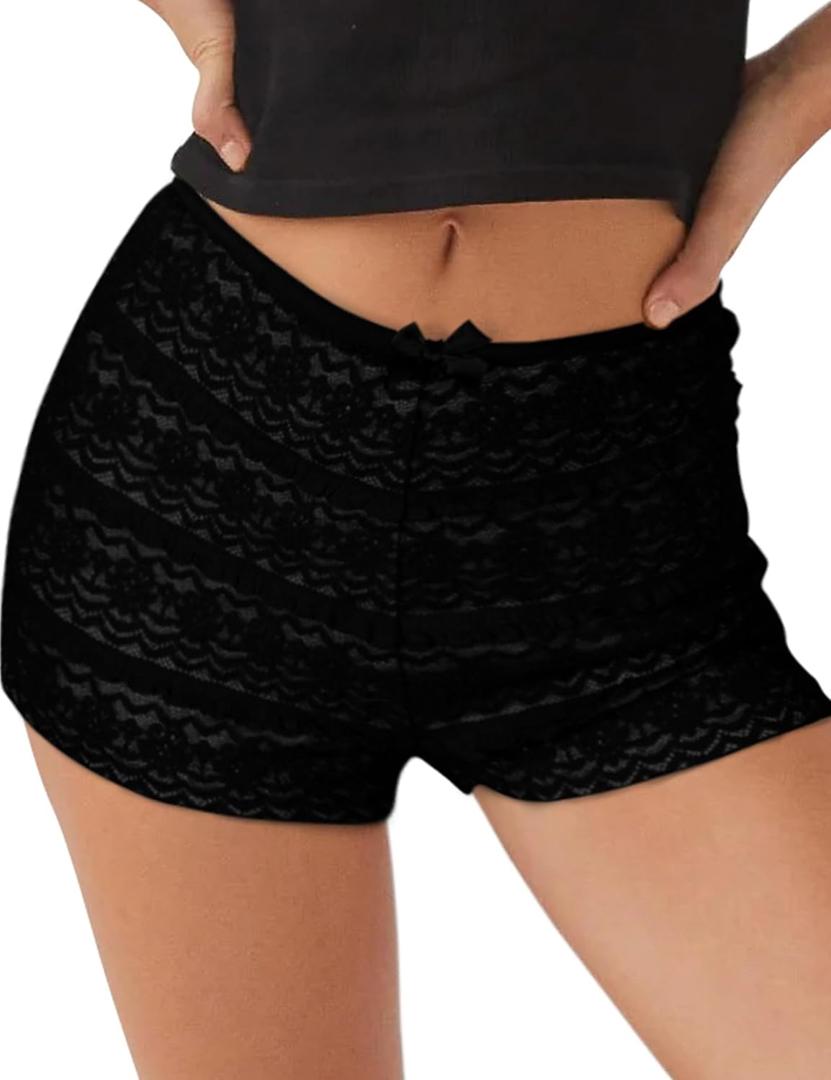 Lingswallow Womens Lace Ruffle Shorts Bow Front Mini Bloomers Summer Y2K Micro Boyshorts Booty Shorts (Small, Black)