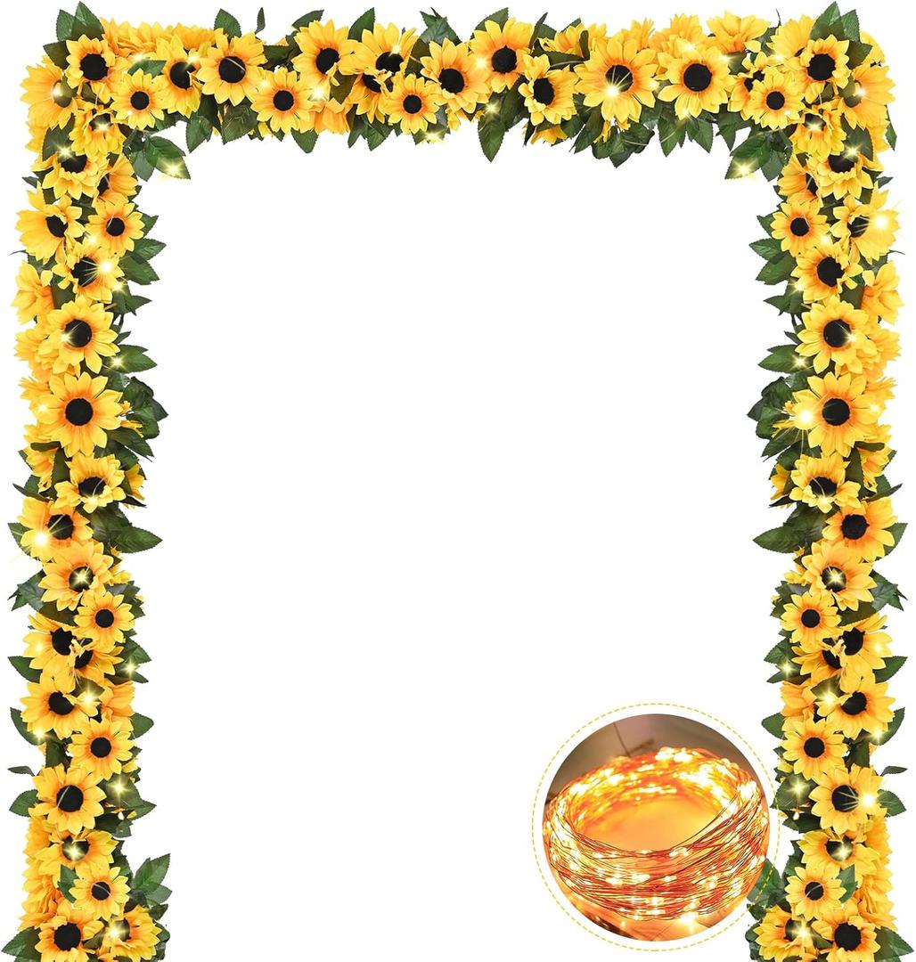 4 Pack Artificial Sunflower Garland Decor with Lights, Sunflower Vines Hanging Flowers Garland with Green Leaves, Fake Yellow Flower Vines Room Wedding Party Decoration(4 Pack)