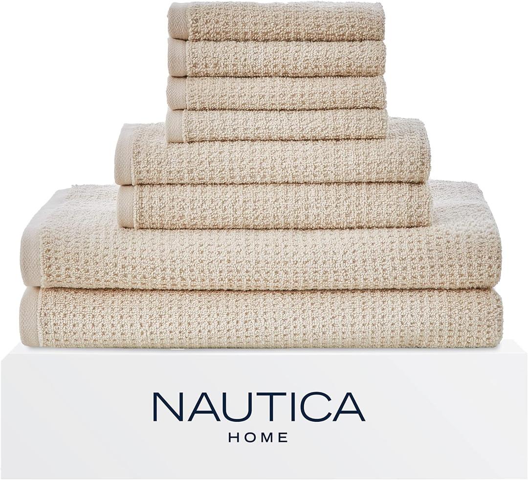 Nautica - Bath Towels, 100% Soft & Absorbent Cotton with Waffle Texture, Highly Absorbent & Quick Dry, Medium Weight Bathroom Towels (Oasis Beige, 8 Piece)
