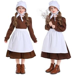 AVIFU Girls Colonial Dress Kids Pioneer Costume Prairie Bonnet Hat Pilgrim Apron Cosplay Accessories Full Set L