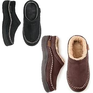 Zigzagger Double the Style Set of 2 Pairs Size 11-12,Men's Slip On Moccasin Slippers, Indoor/Outdoor Warm Fuzzy Comfy House Shoes, Fluffy Wide Loafer Slippers,Coffee&Jet Black