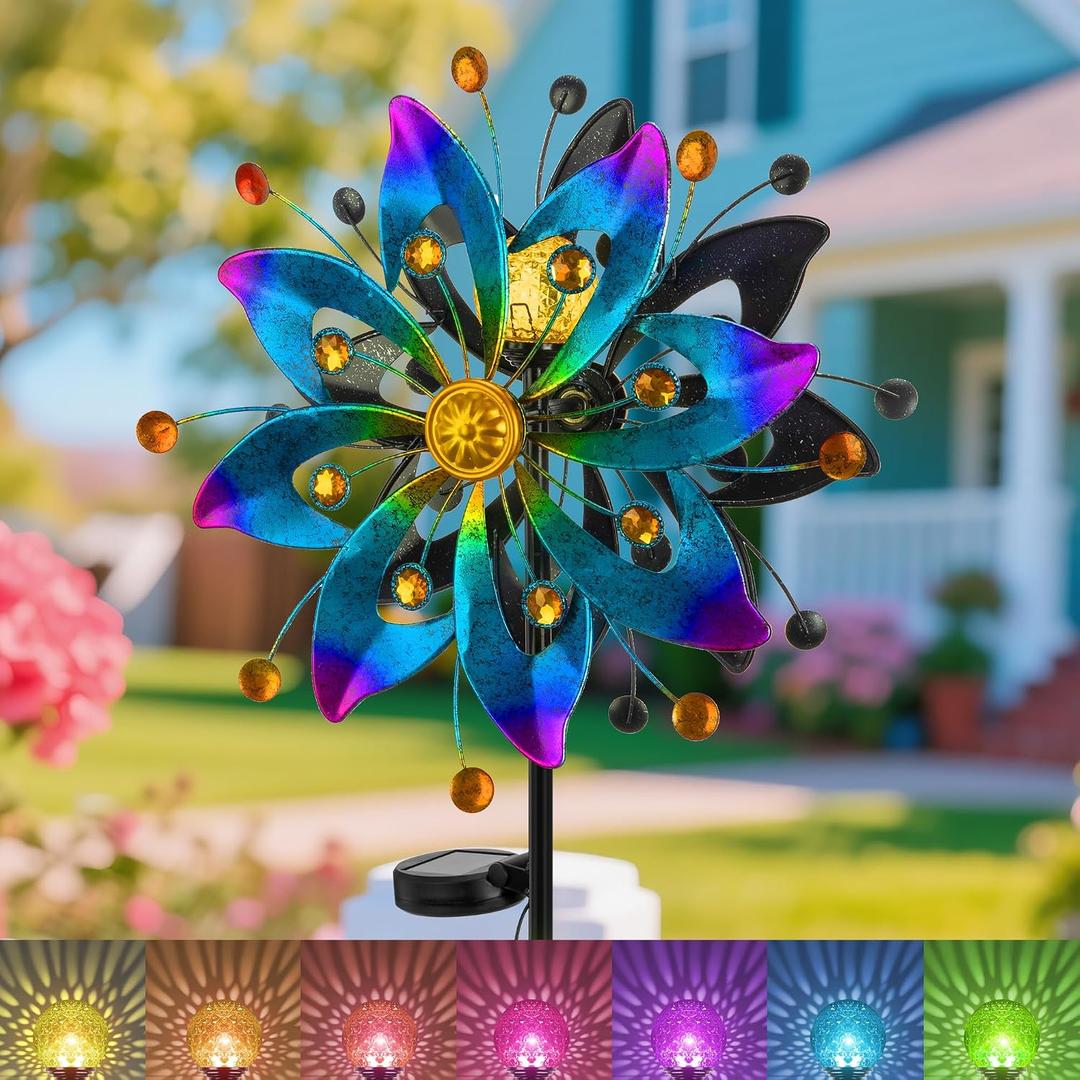 59" Solar Wind Spinner Outdoor Color Changing LED Garden Yard Decor - Pack of 2
