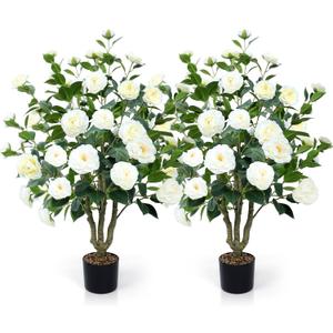 Artificial Camellia Tree 2 Pack 42" Faux Camellia Plant in Pot with 32 Blooming Flowers Fake Flower Tree Greenery Potted Plant for Indoor Outdoor Office Home Porch Decor White