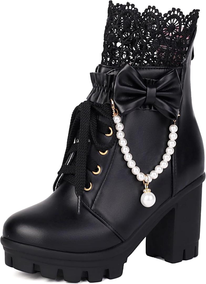 BEAUPAS Women's Platform Ankle Boots with Lace Pearl Chain Bow Chunky High Heel Goth Combat Boots