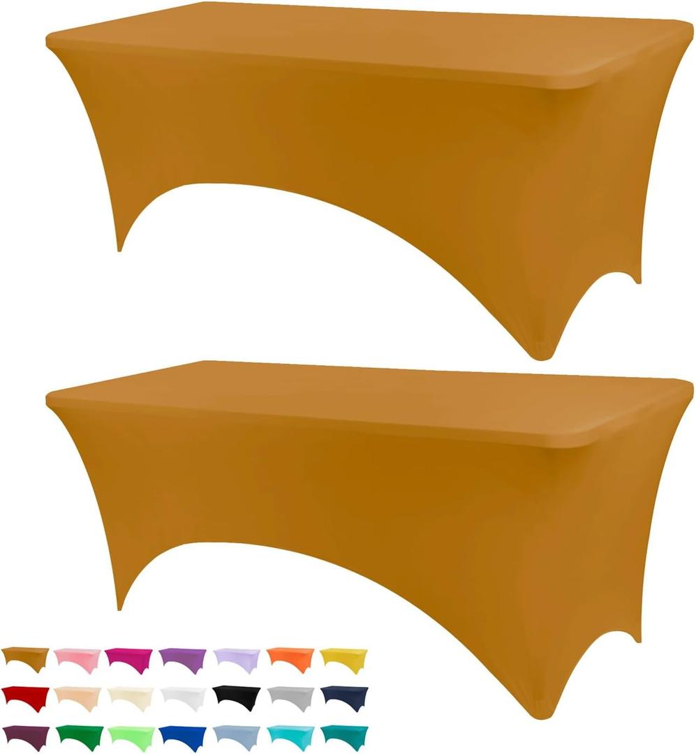 Table Covers for 6 Foot Tables, 2 Pack Gold Washable and Wrinkle Resistant Stretch Tablecloths Rectangle 6ft for Events, Wedding, Banquets, Parties (72" x 30" (Rectangular) 2Pack)