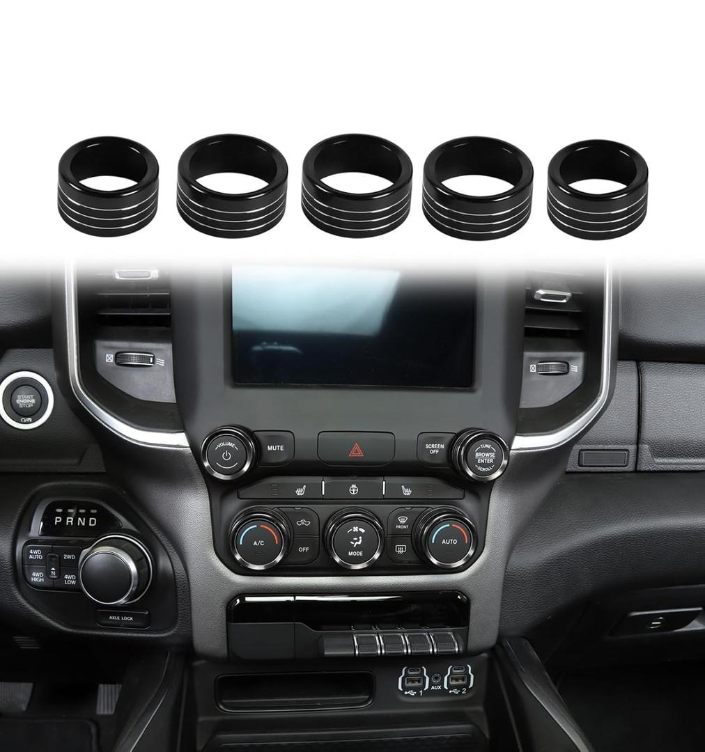 Voodonala for Dodge RAM Aluminum Center Console AC Radio Switch Knob Cover for 2018-2025+ Dodge RAM, 5pcs Black