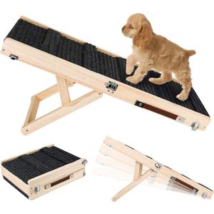 Adjustable Dog Ramp for Small Dogs, Portable Folding Pet Ramp Ladder, Non-Skid Dog Stairs Mat, Adjustable from 10" to 19" High, Wooden Cat Ramps for Couch Car High Beds (30 lbs Rated Weight)