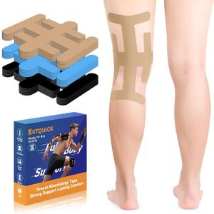 Precut Kinesiology Tape for Knees Valgus–12PCS KTQUICK Pain Relief Athletic Tape, Waterproof & Hypoallergenic Latex-Free, Elastic Breathable Long-Lasting Knee Support Tape for All(Beige)