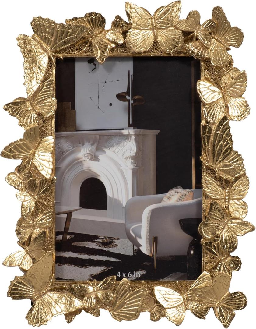 Sagebrook Home Gold Butterfly Decorative Picture Frame - Resin & Glass Photo Display for Home, Office, Bedroom, Living Room - Elegant Metallic Tabletop or Shelf Decor, 6x8 Inch
