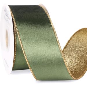 Ribbli Sage Green Velvet Ribbon Wired 2.5 Inch Glossy Velvet with Gold Glitter Christmas Ribbon for Christmas Tree Decoration Big Bow Gift Wrapping Crafts Wreaths Supplies - Continuous 10 Yards