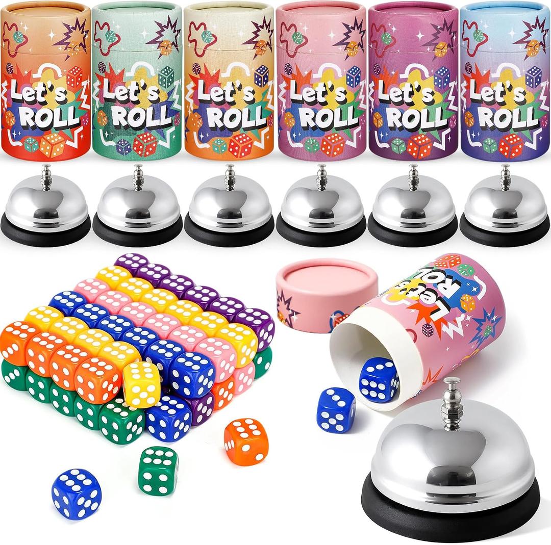 RoundFunny 6 Sets Bunco Game Kit Party Supplies for Ladies Night Family Group Board Games 72 Colorful Dice 6 Bells 6 Dice Cups with Lids Christmas Bunco Gift for Women up to 6 Groups of 2-12 Players, Dice cup: 2.01 x 3.15 inches, Bell: 2.95 inches