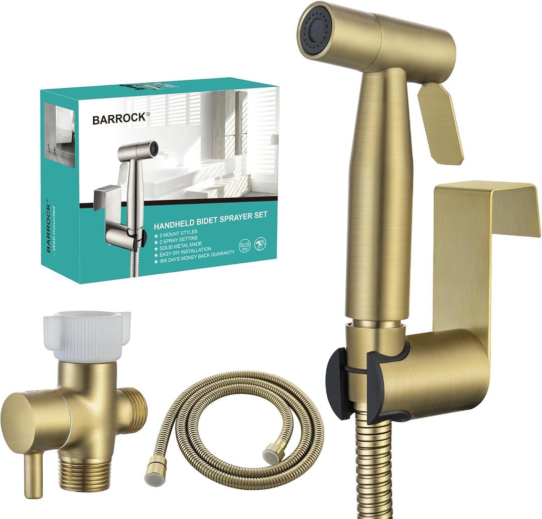 BARROCK Handheld Bidet Sprayer for Toilet, Stainless Steel Metal Made Baby Cloth Diaper Spraying Kit, Bathroom Toilet Bidet Attachment Set for Bathing Pets and Feminine Hygiene, Brushed Brass Gold