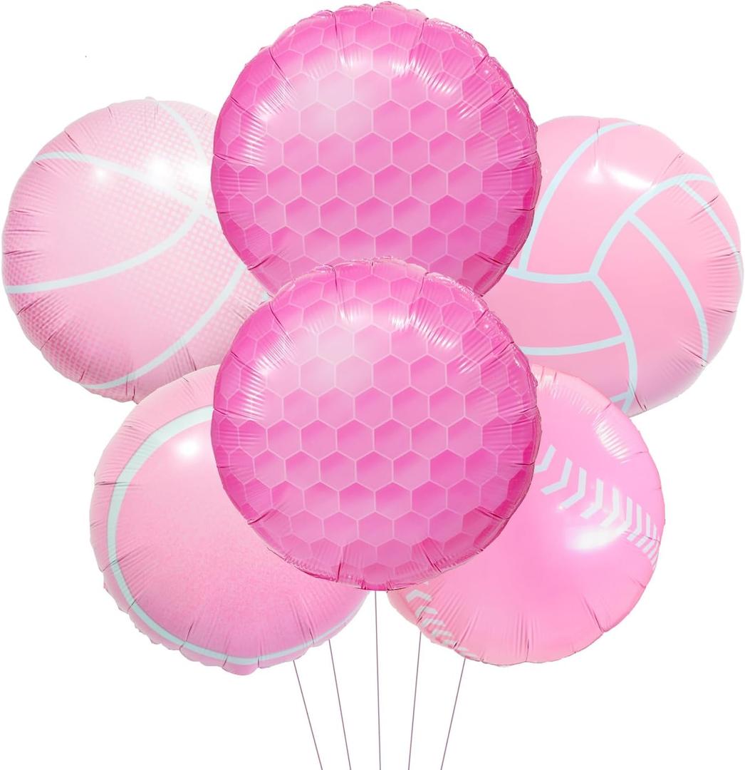 6pcs 18in Pink Sports Ball-Shaped Balloons: Basketball, Volleyball, Tennis, Baseball, Golf - Perfect for Girls' Birthday Party Decorations & Photo Props
