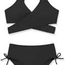 ESHOO Girls Swimsuits 2 Piece Bathing Suit Cute Bikini Sets V Neck Criss Cross Swimwear with Chest Pad for Teen Girls 13-14Y