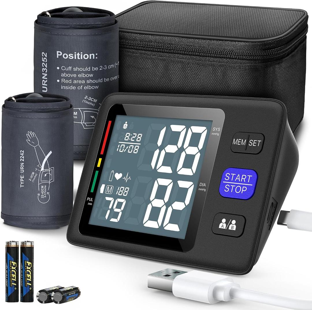 Blood Pressure Machine Upper Arm, 2 Size Cuffs M/L and XL, Medium/Large 9"-17" and Extra Large XL 13"-21", Accurate Automatic Digital BP Monitor, Large Backlit LCD, 2-User 1000 Memories