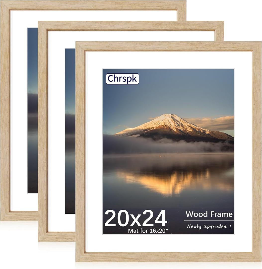 20X24 Poster Frame, Display Pictures 16X20 with Mat or 20X24 Without, Wall Hanging Frames, Natural Oak, 3 Pack
