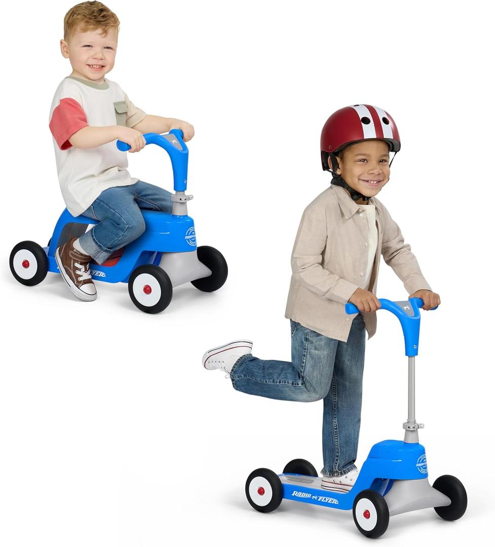 Radio Flyer Scoot 2 Scooter, Blue/Red/Pink, for Kids Ages 1-4, Ride On Toy or 4-Wheel Kids Scooter, Durable Wheels and Frame, Converts Easily with Flip Deck, Toddler Ride On Toys 