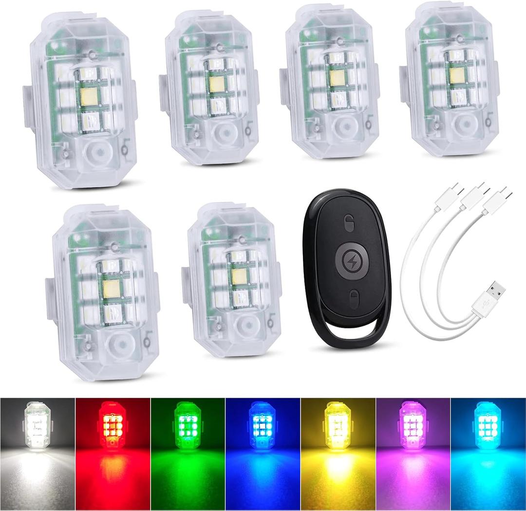 LECART 6 Pcs Motorcycle Lights with Remote Wireless Led Anti-Collision Light 7 Colors USB Rechargeable High Brightness Aircraft Strobe Drone Lights