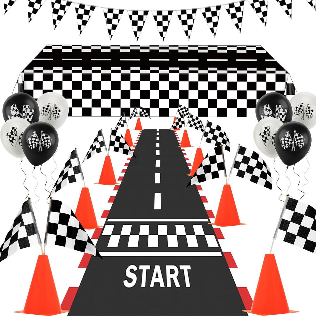 Race Car Party Decorations, AHIER 61 Pcs Set-12 Traffic Cones and 24 Racing Checkered Flags, 6.5Ft Racetrack Floor Runner and 9.8ft Checkered Race Track Banner, Tablecloth, Balloons and Ribbons