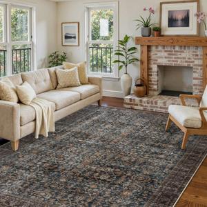 Collive Large Area Rug for Living Room 9x12, Washable Area Rug 9x12 Non Slip Vintage Antique Distressed Bedroom Carpet Ultra-Thin Low Pile Aesthetic Print Floor Rug for Dining Guest Office - Brick