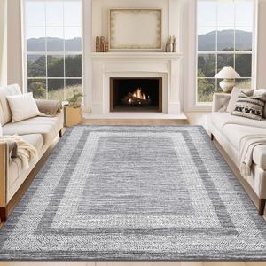 GarveeHome Modern Geometric Area Rug 5x7 Distressed Bordered Rug Washable Non Slip Floor Carpet Non Shedding Thin Rug, Soft Low Pile Rug, Contemporary Gray Rug for Dining Room, Living Room (Grey)