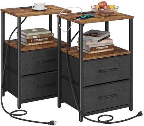 TUTOTAK End Table with Charging Station, Side Table with 2 USB Ports and Outlets, Nightstand with Cloth Drawer, Set of 2, Couch Table, Brown and Black TB01BB052K