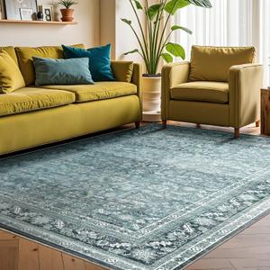 OPPODREAM Vintage Teal Area Rugs 9x12, 9 x 12 Retro Washable Rug Non Slip, Low-Pile Faux Wool Carpet, Soft Distressed Floor Mat for Living Room, Bedroom, Office, Dorm, Dinning Room, Big & Large