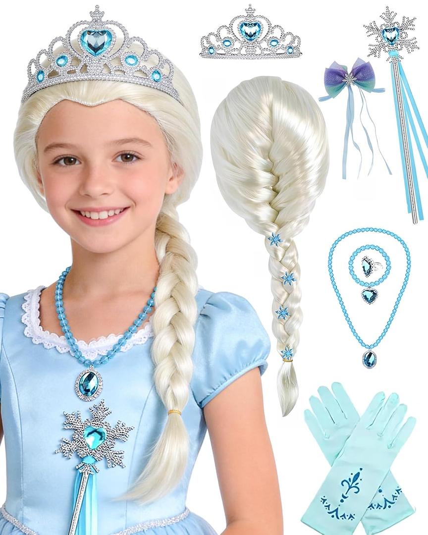 14 Pcs Set Long Blonde White Cosplay Wig Princess Braided Wig Blonde Pigtail Synthetic Wig for Halloween Costume Party +Wand+Crown+Necklace+Ring+Bracelet+Gloves+Hairpin+Clips + Wig Cap