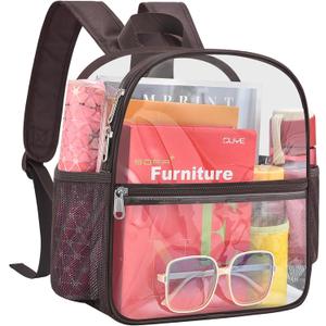 Busiuw Clear Backpack for Stadium Events 12x12x6 Mini Small Sports Fan Backpacks with Front Pocket for Concert Sport Events Work Travel(Chocolate)