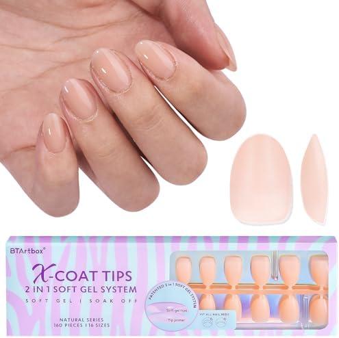 BTArtbox 60pcs Almond Plastic False Nails, Extra Short with Primer Cover, Jelly XCOATTIPS, 16 Sizes, Full Well Tips, Pressure Comfortable Wear, Last 28+ Days, Ideal Gift