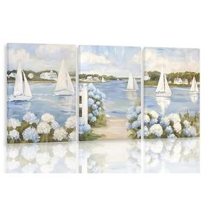 3Pcs Blue Seaside Hydrangea Canvas Wall Art Coastal Sailboat Pictuer Wall Summer Seaside Garden Prints Vintage Hydrangea Poster Seascape Landscape Pictures Painting For Beach House Living Room Bedroom 16x24in(Stretched Canvas On A Wooden Frame)