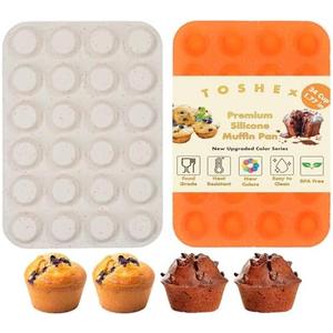 TOSHEX Silicone Muffin Pan 24 Cup Regular Silicone Cupcake Pan [2 Pack] Non-stick Baking Molds Great for Making Muffin Cakes, Bread, Tart, Brownies (Cream & Orange, 2 Pack 24 Cup Mini)