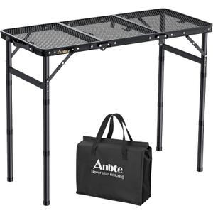 Anbte Folding Grill Table, 3ft Tri-Fold Aluminum Folding Table Adjustable Height Max 27.5" Grill Table with Mesh Desktop, Lightweight, Portable Handle for Outdoor Cooking BBQ Picnic (Black)