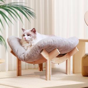 Wooden Elevated cat Hammock Bed, Featuring a Fluffy and Warm Cuddle Bed, Wooden Cat Furniture Can fit cat Scratch matScratcher