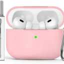 Ljusmicker for AirPods Pro Case Cover with Cleaner Kit,Soft Silicone Protective Case for Apple AirPods Pro 2nd/1st Generation Case for Women Men,AirPod Pro Case Accessories with Keychain-Pink
