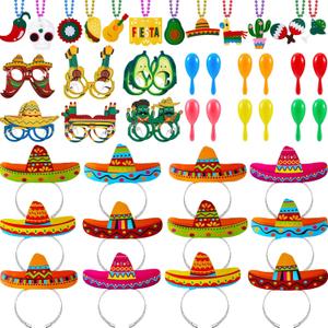 Jexine 48 Pcs Mexican Fiesta Party Supplies Including Cinco De Mayo Fiesta Sombrero Headbands Necklaces Paper Eyeglasses Plastic Maraca Mexican for Cinco De Mayo Party