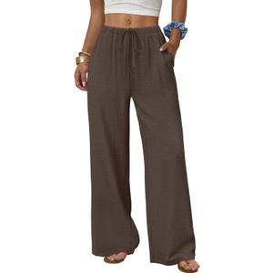 Sampeel Wide Leg Pants for Women Flowy Palazzo Drawstring Elastic Waist Trousers with Pockets Summer Beach Vacation Clothes, M