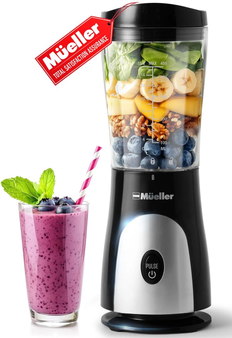 Mueller Personal Blender for Shakes and
Smoothies with 15 Oz Travel Cup and Lid,
Juices, Baby Food, Heavy-Duty Portable
Blender & Food Processor Black