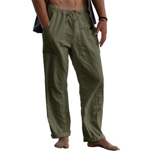 Puimentiua Mens Linen Pants Elastic Waist Drawstring Loose Fit Casual Summer Beach Pants with Pockets Baggy Trousers (Small, Army Green)