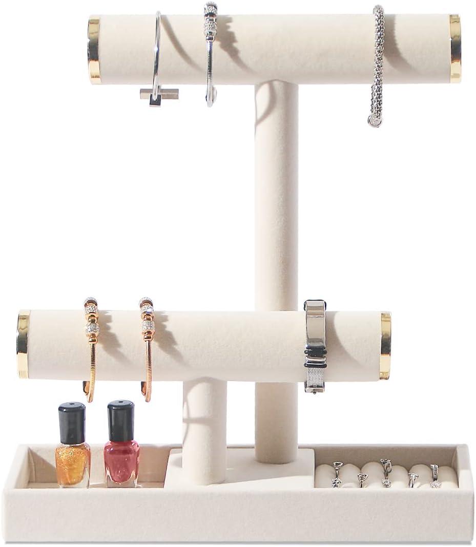 ByKen Multi-Functional 2 Tier Jewelry Holder,Necklace Bracelet Holder with Earrings Rings Tray,Jewelry Organizer Stand for Scrunchie Watches (Beige&Gold)